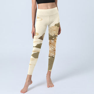 Buddha Gift Beige Lotus Flower Print Gym Fitness Leggings Women's Yoga Pants