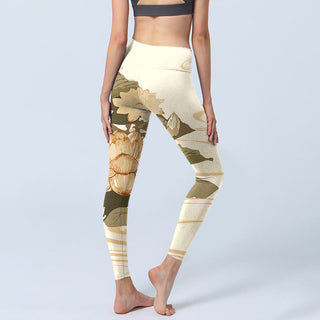 Buddha Gift Beige Lotus Flower Print Gym Fitness Leggings Women's Yoga Pants