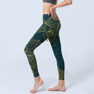 Buddha Gift Gray Golden Koi Fish Lotus Print Gym Leggings Women's Yoga Pants