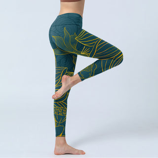 Buddha Gift Gray Golden Koi Fish Lotus Print Gym Leggings Women's Yoga Pants