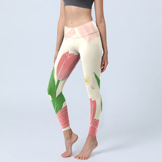 Buddha Gift Pink Tulip Flower Print Gym Fitness Leggings Women's Yoga Pants