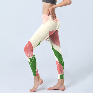 Buddha Gift Pink Tulip Flower Print Gym Fitness Leggings Women's Yoga Pants