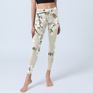 Buddha Gift White Magnolia Flower Print Sports Fitness Leggings Women's Yoga Pants
