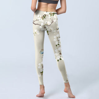 Buddha Gift White Magnolia Flower Print Sports Fitness Leggings Women's Yoga Pants