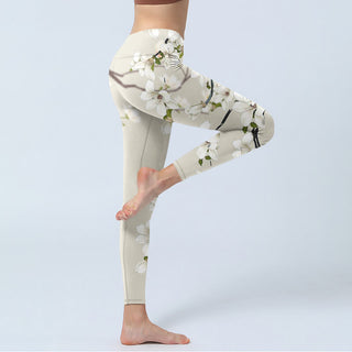 Buddha Gift White Magnolia Flower Print Sports Fitness Leggings Women's Yoga Pants