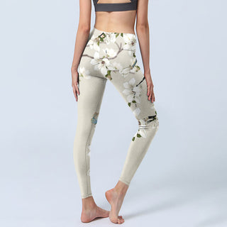 Buddha Gift White Magnolia Flower Print Sports Fitness Leggings Women's Yoga Pants