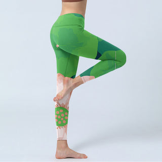 Buddha Gift Green Lotus Flower Leaf Print Sports Fitness Leggings Women's Yoga Pants