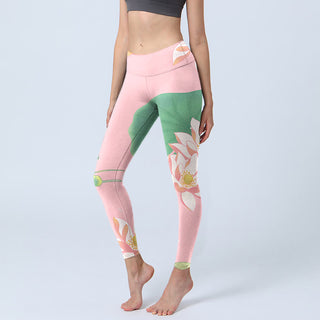 Buddha Gift Pink Lotus Flower Leaf Print Gym Fitness Leggings Women's Yoga Pants