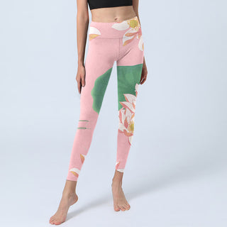 Buddha Gift Pink Lotus Flower Leaf Print Gym Fitness Leggings Women's Yoga Pants