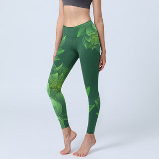 Buddha Gift Dark Green Lotus Flower Leaf Print Gym Fitness Leggings Women's Yoga Pants
