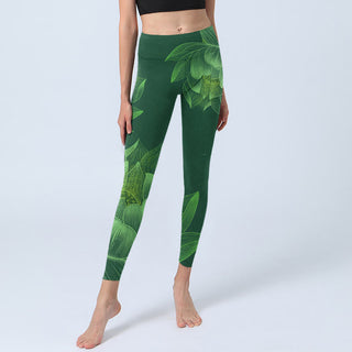 Buddha Gift Dark Green Lotus Flower Leaf Print Gym Fitness Leggings Women's Yoga Pants