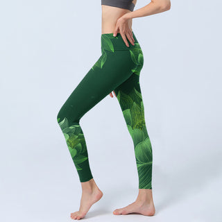 Buddha Gift Dark Green Lotus Flower Leaf Print Gym Fitness Leggings Women's Yoga Pants