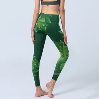 Buddha Gift Dark Green Lotus Flower Leaf Print Gym Fitness Leggings Women's Yoga Pants