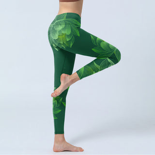 Buddha Gift Dark Green Lotus Flower Leaf Print Gym Fitness Leggings Women's Yoga Pants