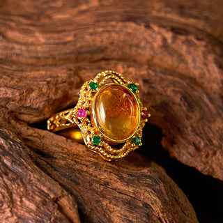 Buddha Gift Flower Amber Hollow Lace Confidence Adjustable Ring