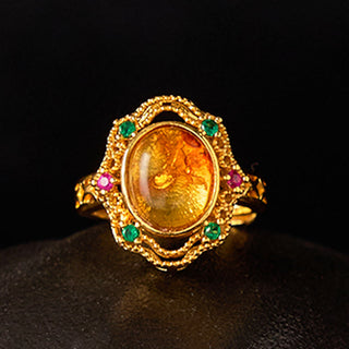 Buddha Gift Flower Amber Hollow Lace Confidence Adjustable Ring