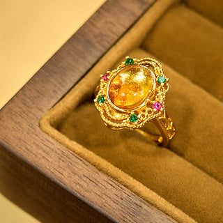 Buddha Gift Flower Amber Hollow Lace Confidence Adjustable Ring