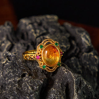 Buddha Gift Flower Amber Hollow Lace Confidence Adjustable Ring