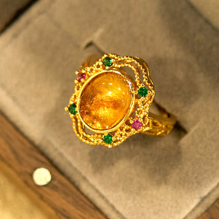 Buddha Gift Flower Amber Hollow Lace Confidence Adjustable Ring