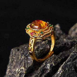 Buddha Gift Flower Amber Hollow Lace Confidence Adjustable Ring