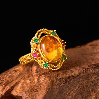 Buddha Gift Flower Amber Hollow Lace Confidence Adjustable Ring