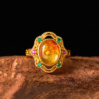 Buddha Gift Flower Amber Hollow Lace Confidence Adjustable Ring