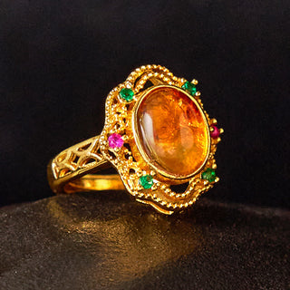 Buddha Gift Flower Amber Hollow Lace Confidence Adjustable Ring