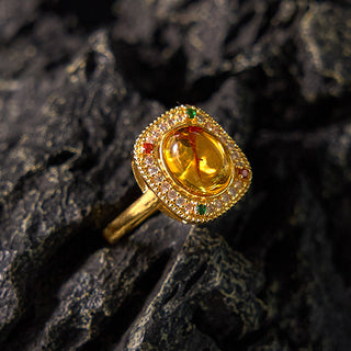 Buddha Gift Natural Amber Flower Square Support Full Diamond Confidence Ring