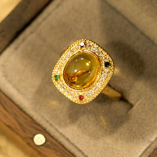 Buddha Gift Natural Amber Flower Square Support Full Diamond Confidence Ring