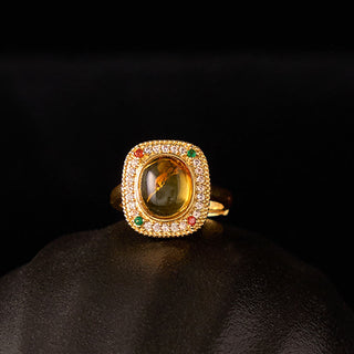 Buddha Gift Natural Amber Flower Square Support Full Diamond Confidence Ring