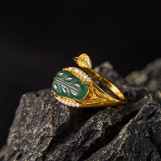Buddha Gift Copper Plated Gold Natural Jade Leaf Prosperity Adjustable Ring