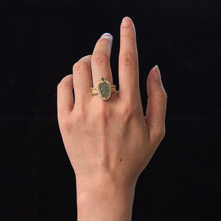 Buddha Gift Copper Plated Gold Natural Jade Leaf Full Diamond Luck Adjustable Ring