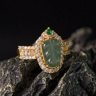 Buddha Gift Copper Plated Gold Natural Jade Leaf Full Diamond Luck Adjustable Ring
