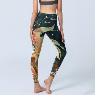 Buddha Gift Dark Slate Gray Double Koi Fish Sky Lantern Tower Exercise Leggings Women's Yoga Pants