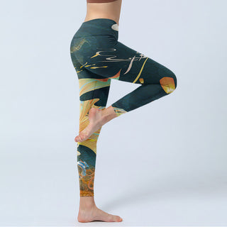 Buddha Gift Dark Slate Gray Double Koi Fish Sky Lantern Tower Exercise Leggings Women's Yoga Pants
