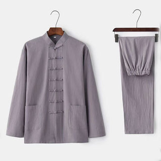 Buddha Gift 2Pcs Tang Suit Traditional Frog-Button Uniform Long Sleeve Shirt Pants Men's Set