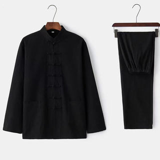 Buddha Gift 2Pcs Tang Suit Traditional Frog-Button Uniform Long Sleeve Shirt Pants Men's Set