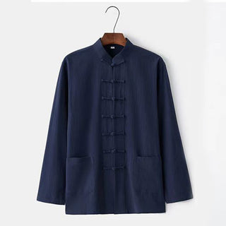 Buddha Gift 2Pcs Tang Suit Traditional Frog-Button Uniform Long Sleeve Shirt Pants Men's Set