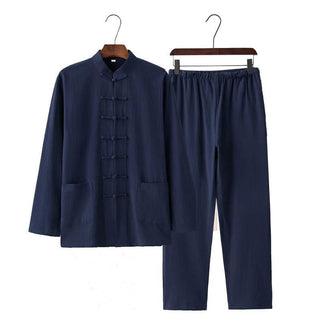 Buddha Gift 2Pcs Tang Suit Traditional Frog-Button Uniform Long Sleeve Shirt Pants Men's Set