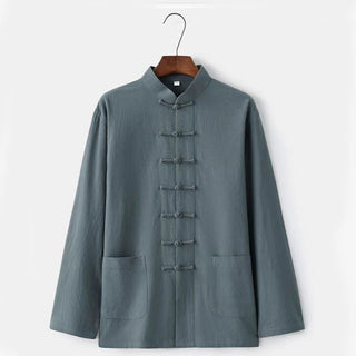 Buddha Gift 2Pcs Tang Suit Traditional Frog-Button Uniform Long Sleeve Shirt Pants Men's Set