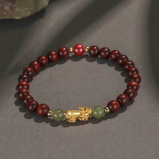 Buddha Gift 999 Sterling Silver Sandalwood Ebony Wood Small Leaf Red Sandalwood Hetian Jade Cinnabar PiXiu Wealth Bracelet