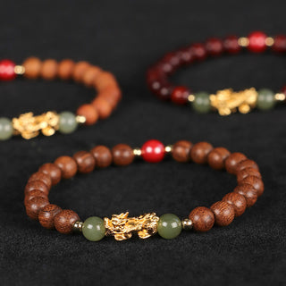 Buddha Gift 999 Sterling Silver Sandalwood Ebony Wood Small Leaf Red Sandalwood Hetian Jade Cinnabar PiXiu Wealth Bracelet