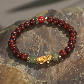 Buddha Gift 999 Sterling Silver Sandalwood Ebony Wood Small Leaf Red Sandalwood Hetian Jade Cinnabar PiXiu Wealth Bracelet