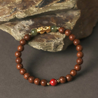 Buddha Gift 999 Sterling Silver Sandalwood Ebony Wood Small Leaf Red Sandalwood Hetian Jade Cinnabar PiXiu Wealth Bracelet