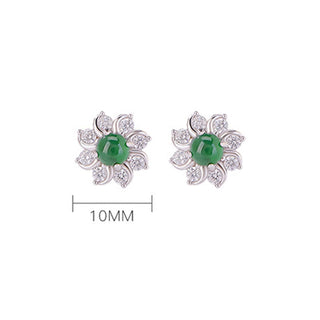 Buddha Gift 925 Sterling Silver Round Jade Flower Prosperity Earrings