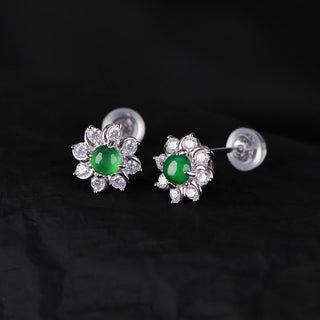 Buddha Gift 925 Sterling Silver Round Jade Flower Prosperity Earrings