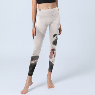 Buddha Gift Ink Painting Lotus Flower Leaf Print Gym Fitness Leggings Women's Yoga Pants