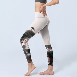 Buddha Gift Ink Painting Lotus Flower Leaf Print Gym Fitness Leggings Women's Yoga Pants