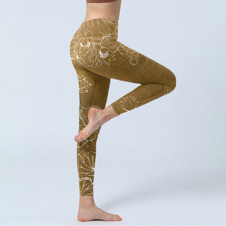 Buddha Gift Goldenrod Lotus Flowers Leaves Print Gym Fitness Leggings Women's Yoga Pants