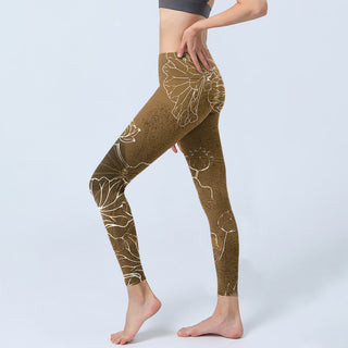 Buddha Gift Goldenrod Lotus Flowers Leaves Print Gym Fitness Leggings Women's Yoga Pants